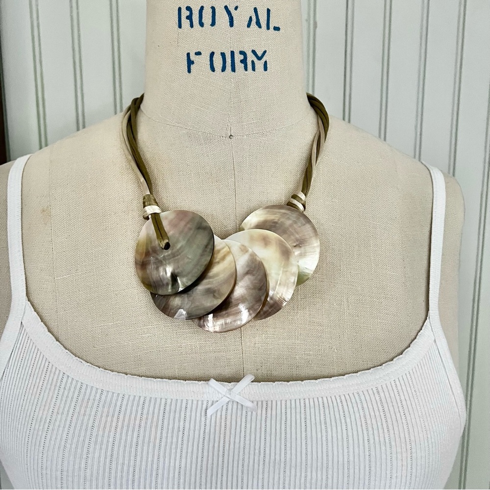 Vintage Capiz Shell Mother of Pearl Disc on a Twisted Satin Strand Necklace
